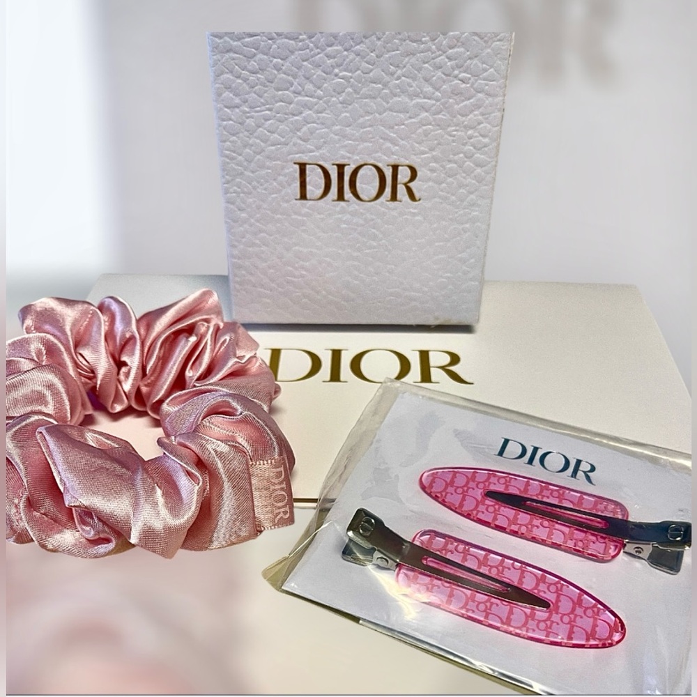 Dior Beaute Hair Accessory Collection NEW Set Barrettes & Satin Scrunchie Pink